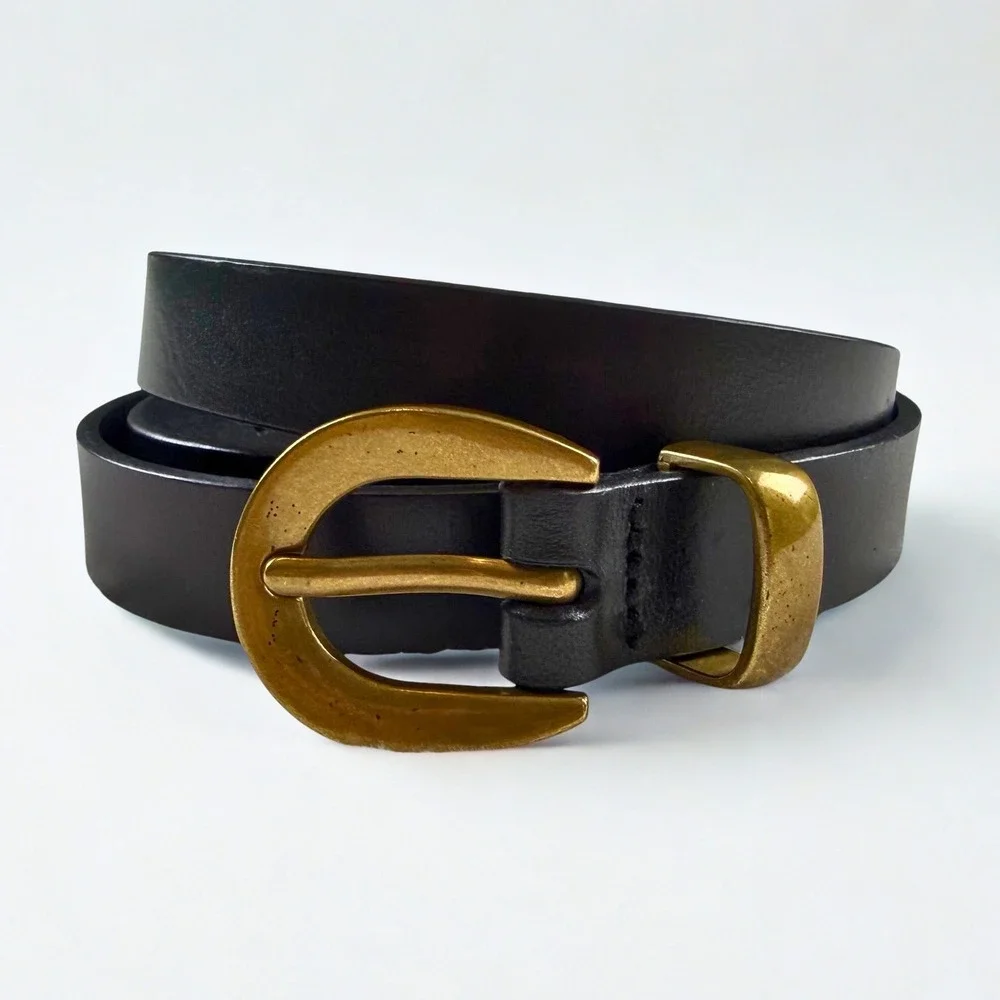Madewell Italian Leather Belt Womens Medium Black Brass Buckle Western Boho Chic